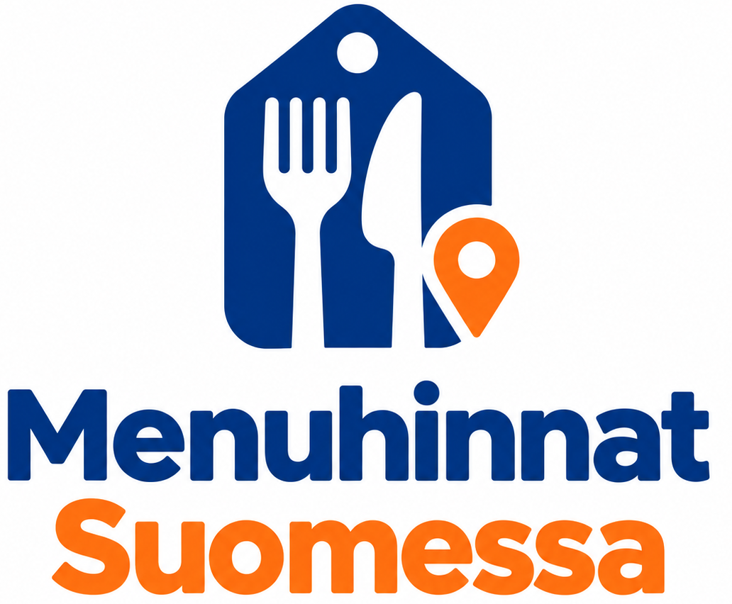 Menuhinnat Suomessa -logo: haarukka ja veitsi hintalappuna, ravintoloiden ruokalistojen hinnat Suomessa