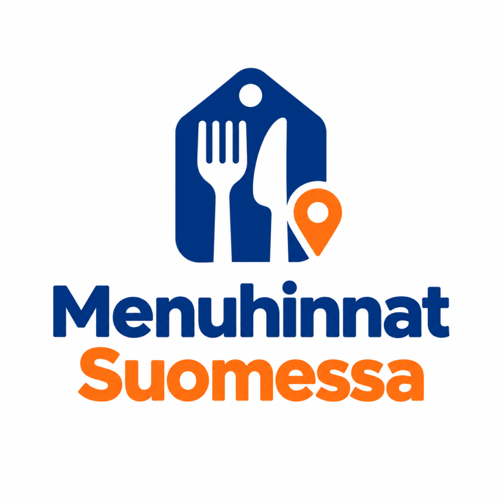 Menuhinnat Suomessa -logo: haarukka ja veitsi hintalappuna, ravintoloiden ruokalistojen hinnat Suomessa